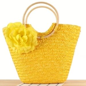 Yellow Woven Tote Bag with Floral Accent